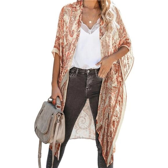 Boho Orange Paisley Printed‎ Cardigan Long Kimono Duster Bikini Swimsuit Coverup - Picture 4 of 6